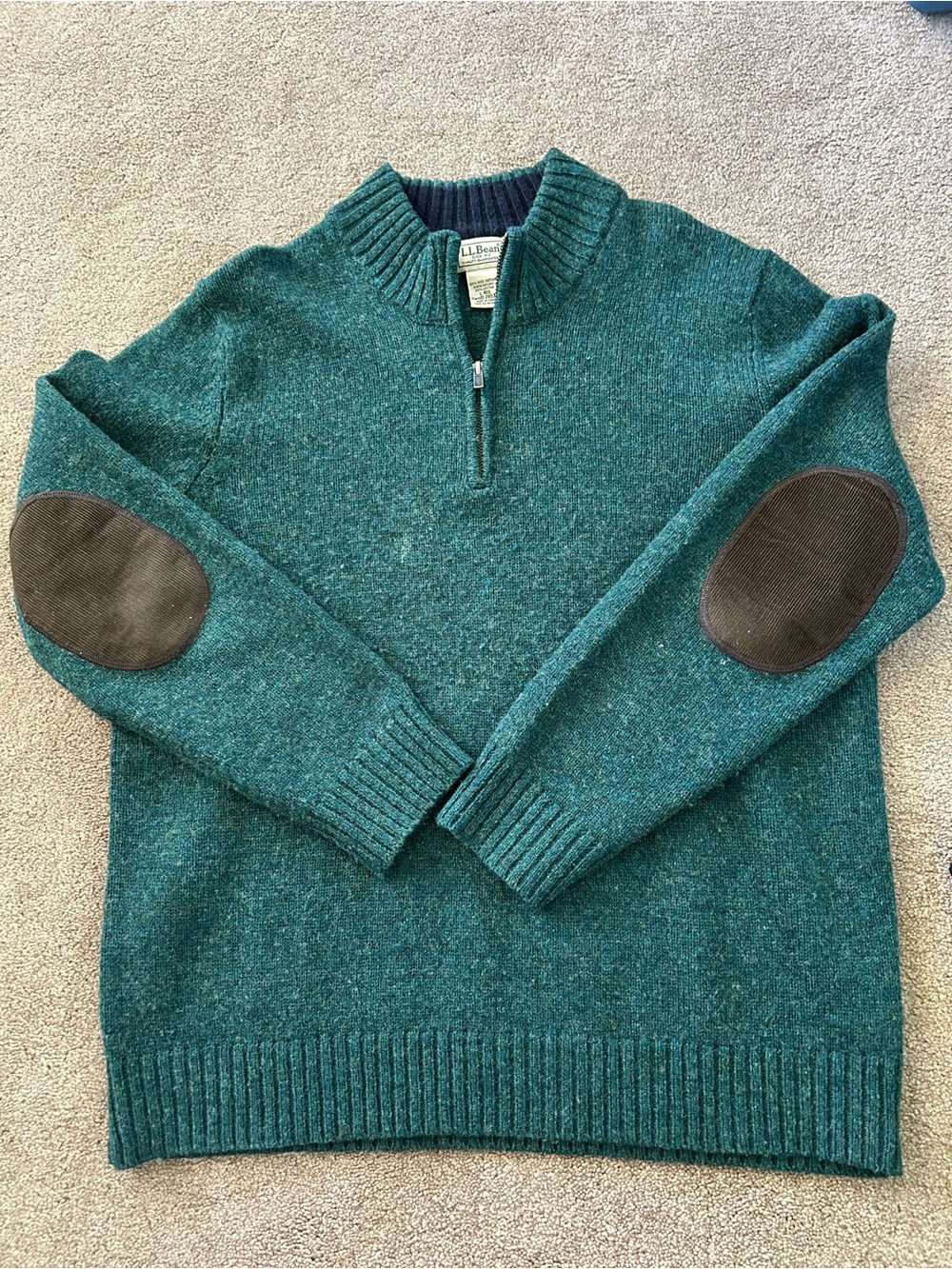 L.L.Bean Shetland Wool Quarter Zip Sweater Men's Large  Elbow Patch Pullover